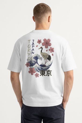 Oversized T-Shirt σε Λευκό Χρώμα με σχέδιο, Tokyo Sakura Crane