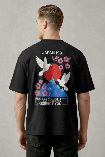 Oversized T-Shirt σε Μαύρο Χρώμα με σχέδιο, Japan Dove Geometric