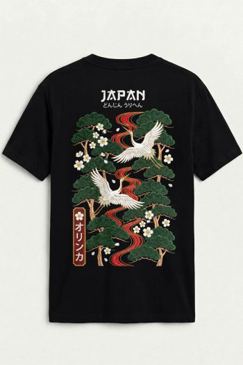 Japan Crane, T-Shirt σε Μαύρο Χρώμα