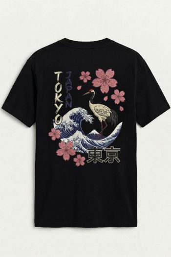 Tokyo Sakura Crane, T-Shirt σε Μαύρο Χρώμα