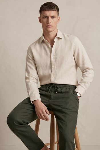 Λινό Σετ Ανδρικό με Χακί Παντελόνι & Πουκάμισο σε Μπεζ Χρώμα