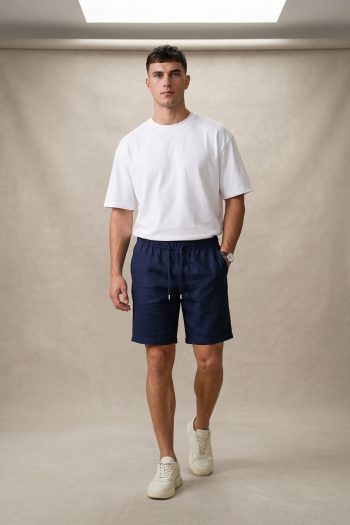 Σετ Λινό Μπλε Σορτσάκι & Oversized Λευκό T-shirt_01