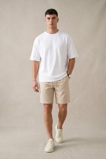 Σετ Λινό Μπεζ Σορτσάκι & Oversized Λευκό T-shirt_01