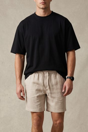 Σετ Λινό Μπεζ Σορτσάκι & Oversized Μαύρο T-shirt_01