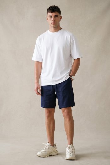 Σετ Λινό Μπλε Σορτσάκι & Oversized Λευκό T-shirt_02