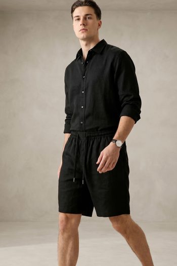 Ανδρική Λινή Βερμούδα Regular Fit σε Μαύρο Χρώμα_02