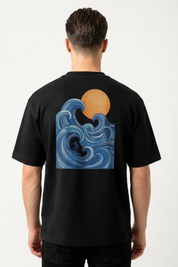 Oversized T-Shirt σε Μαύρο Χρώμα, Blue Wave Sun