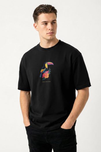 Oversized T-Shirt σε Μαύρο Χρώμα με σχέδιο, Tropical Toucan