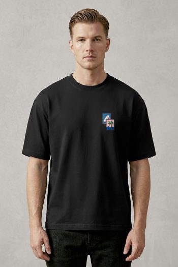Oversized T-Shirt σε Μαύρο Χρώμα με σχέδιο, Palm Postcard Badge