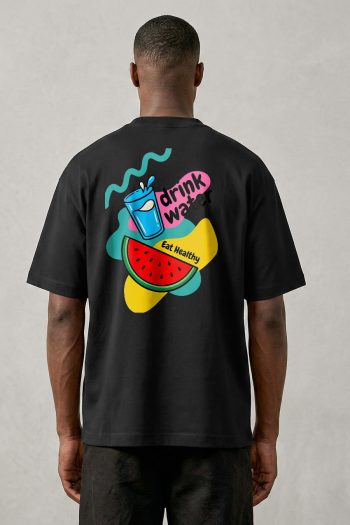 Oversized T-Shirt σε Μαύρο Χρώμα, Drink Water Eat Fruit