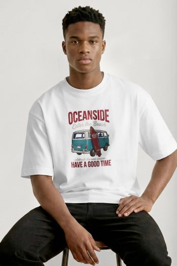 Oversized T-Shirt σε Λευκό Χρώμα με σχέδιο, Oceanside Blue Beach Van