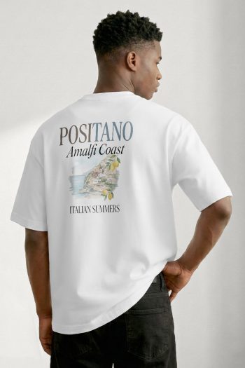 Oversized T-Shirt σε Λευκό Χρώμα, Positano Coast Painting