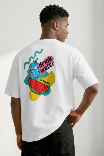Oversized T-Shirt σε Λευκό Χρώμα, Drink Water Eat Fruit