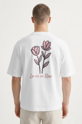 Oversized T-Shirt σε Λευκό Χρώμα, Pink Rose Line Art