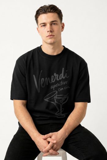 Oversized T-Shirt σε Μαύρο Χρώμα με σχέδιο, Blackout Aperitivo Cin Cin