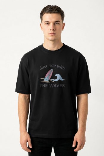 Oversized T-Shirt σε Μαύρο Χρώμα με σχέδιο, Wave Sail Club