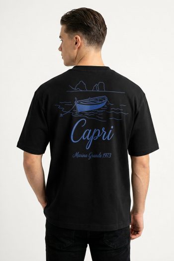 Oversized T-Shirt σε Μαύρο Χρώμα, Capri Boat Line Art