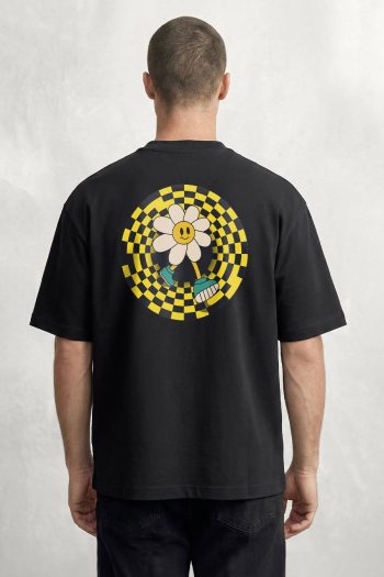 Oversized T-Shirt σε Μαύρο Χρώμα, Checkered Daisy Smile