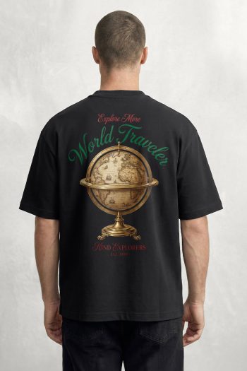Oversized T-Shirt σε Μαύρο Χρώμα, World Traveler Globe