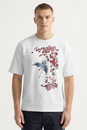 Oversized T-Shirt σε Λευκό Χρώμα με σχέδιο, Crane Blossom