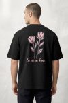 Oversized T-Shirt σε Μαύρο Χρώμα, Pink Rose Line Art