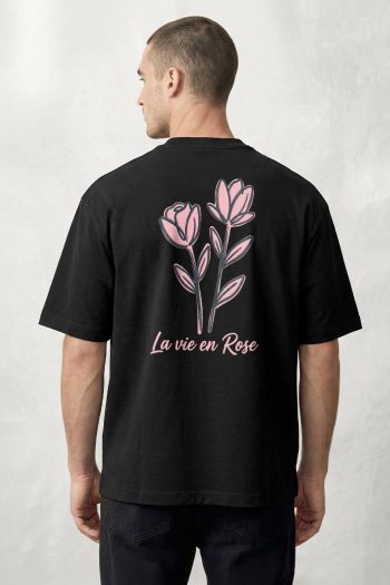 Oversized T-Shirt σε Μαύρο Χρώμα, Pink Rose Line Art