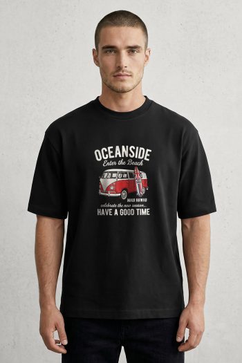 Oversized T-Shirt σε Μαύρο Χρώμα με σχέδιο, Oceanside Red Beach Van