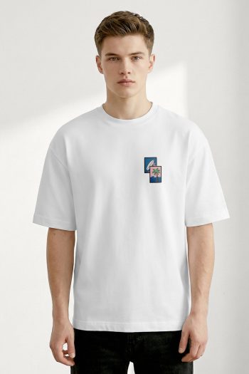 Oversized T-Shirt σε Λευκό Χρώμα με σχέδιο, Palm Postcard Badge