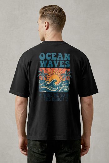 Oversized T-Shirt σε Μαύρο Χρώμα, Ocean Waves Beach Poster