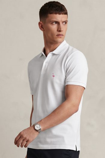 Ανδρική Μπλούζα Polo σε Λευκό Χρώμα, Pink Flamingo Icon