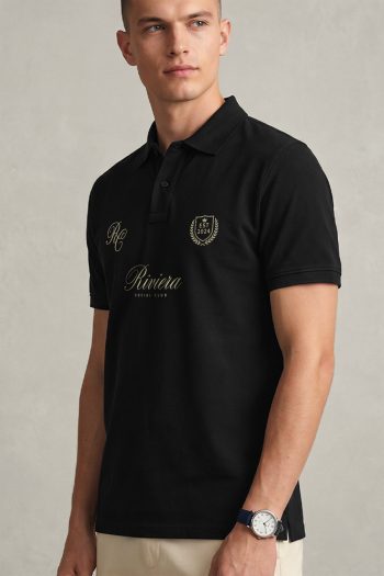Polo Κοντομάνικο σε Μαύρο Χρώμα, Riviera Crest Script