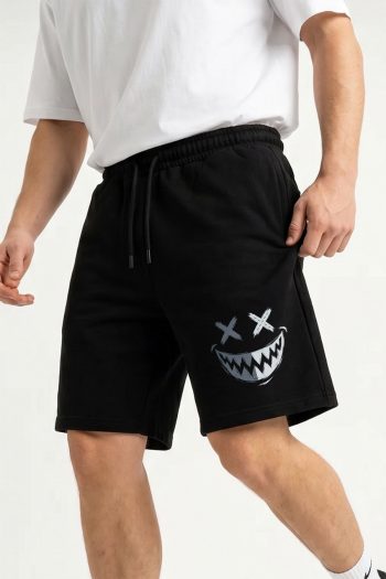 Βαμβακερή Βερμούδα σε Μαύρο Χρώμα, Wild Smile Face