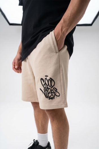 Βαμβακερή Βερμούδα σε Εκρού Χρώμα, Good Vibes Graffiti