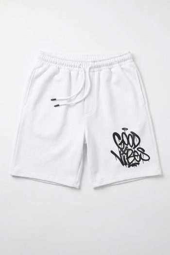 Βαμβακερή Βερμούδα σε Λευκό Χρώμα, Good Vibes Graffiti
