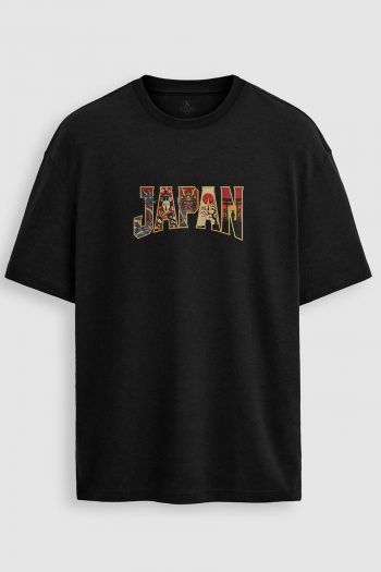 Oversized T-Shirt σε Μαύρο Χρώμα με σχέδιο, Japan Collage