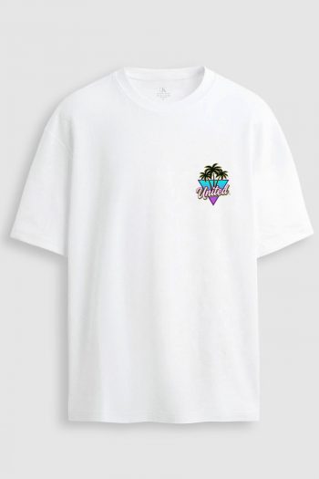 Oversized T-Shirt σε Λευκό Χρώμα με σχέδιο, Palm Sunset Badge