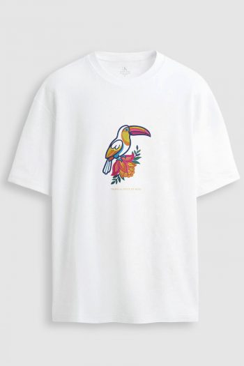 Oversized T-Shirt σε Λευκό Χρώμα με σχέδιο, Tropical Toucan