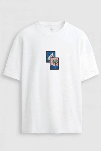 Oversized T-Shirt σε Λευκό Χρώμα με σχέδιο, Palm Postcard Centered