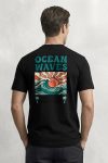 Ocean Waves Sunset Poster,T-Shirt σε Μαύρο Χρώμα