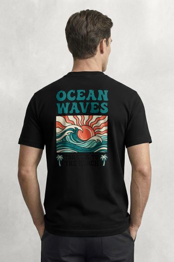 Ocean Waves Sunset Poster,T-Shirt σε Μαύρο Χρώμα