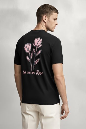 Pink Rose Line Art,T-Shirt σε Μαύρο Χρώμα