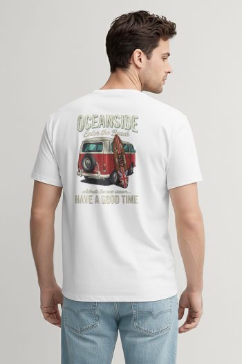 Oceanside Red Beach Van Back,T-Shirt σε Λευκό Χρώμα