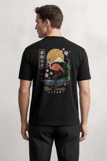 Japan Flamingo Scene,T-Shirt σε Μαύρο Χρώμα