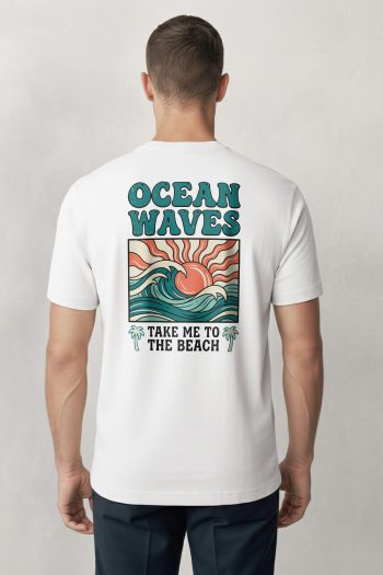 Ocean Waves Sunset Poster,T-Shirt σε Λευκό Χρώμα