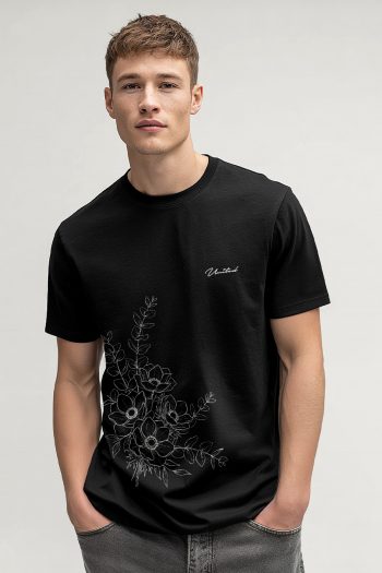 Botanical Line Art,T-Shirt σε Μαύρο Χρώμα