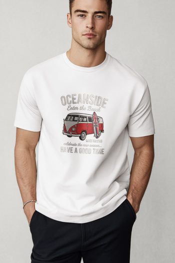 Oceanside Red Beach Van,T-Shirt σε Λευκό Χρώμα