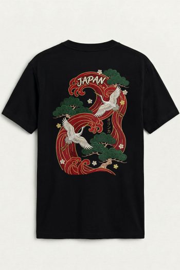 Japan Crane Waves,T-Shirt σε Μαύρο Χρώμα