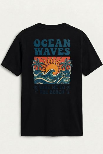 Ocean Waves Beach Poster,T-Shirt σε Μαύρο Χρώμα