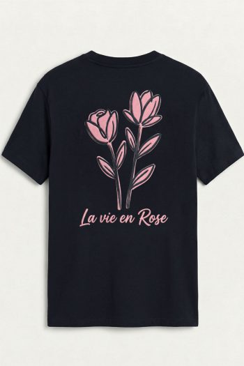 Pink Rose Line Art,T-Shirt σε Μπλε Χρώμα