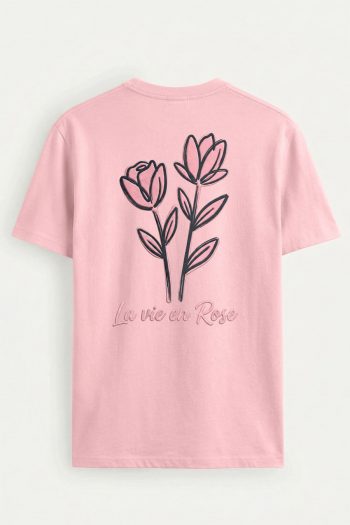 Pink Rose Line Art,T-Shirt σε Ροζ Χρώμα